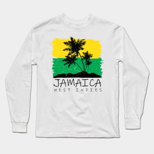 Jamaican National Colors and Palm Silhouette Long Sleeve T-Shirt